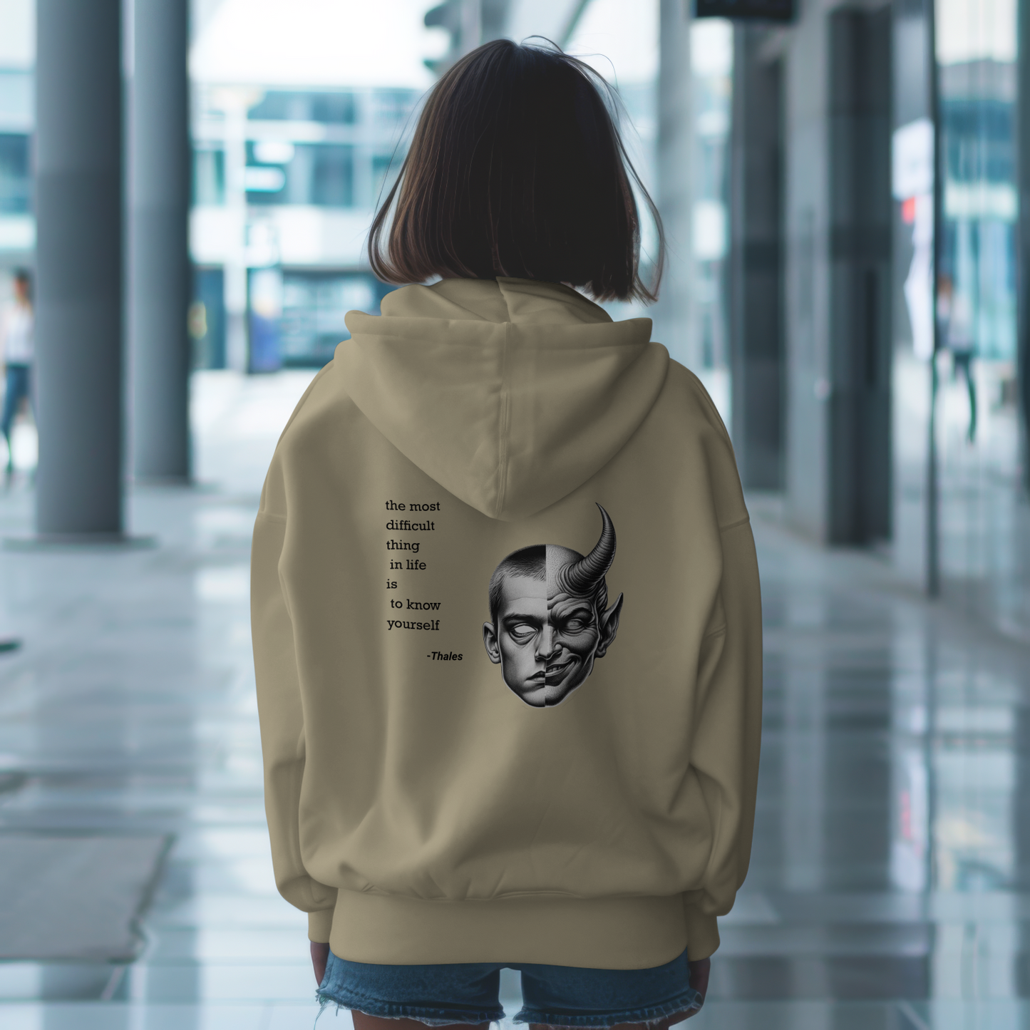 Hoodie – Dual-Face Devil & Quote Graphic Hoodie
