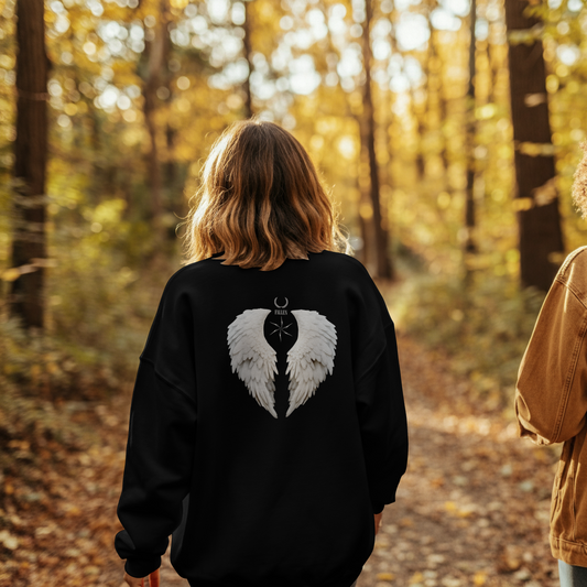 Angel Wings Crewneck Sweatshirt — White Feather Back Graphic