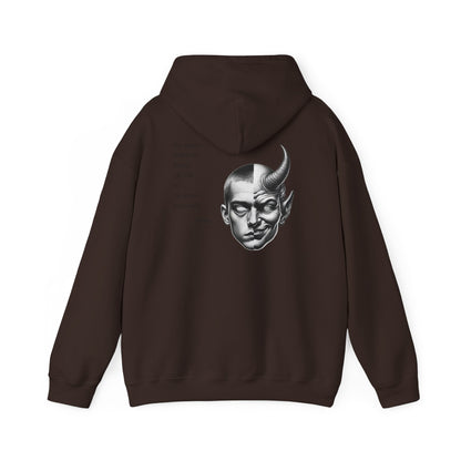 Hoodie – Dual-Face Devil & Quote Graphic Hoodie