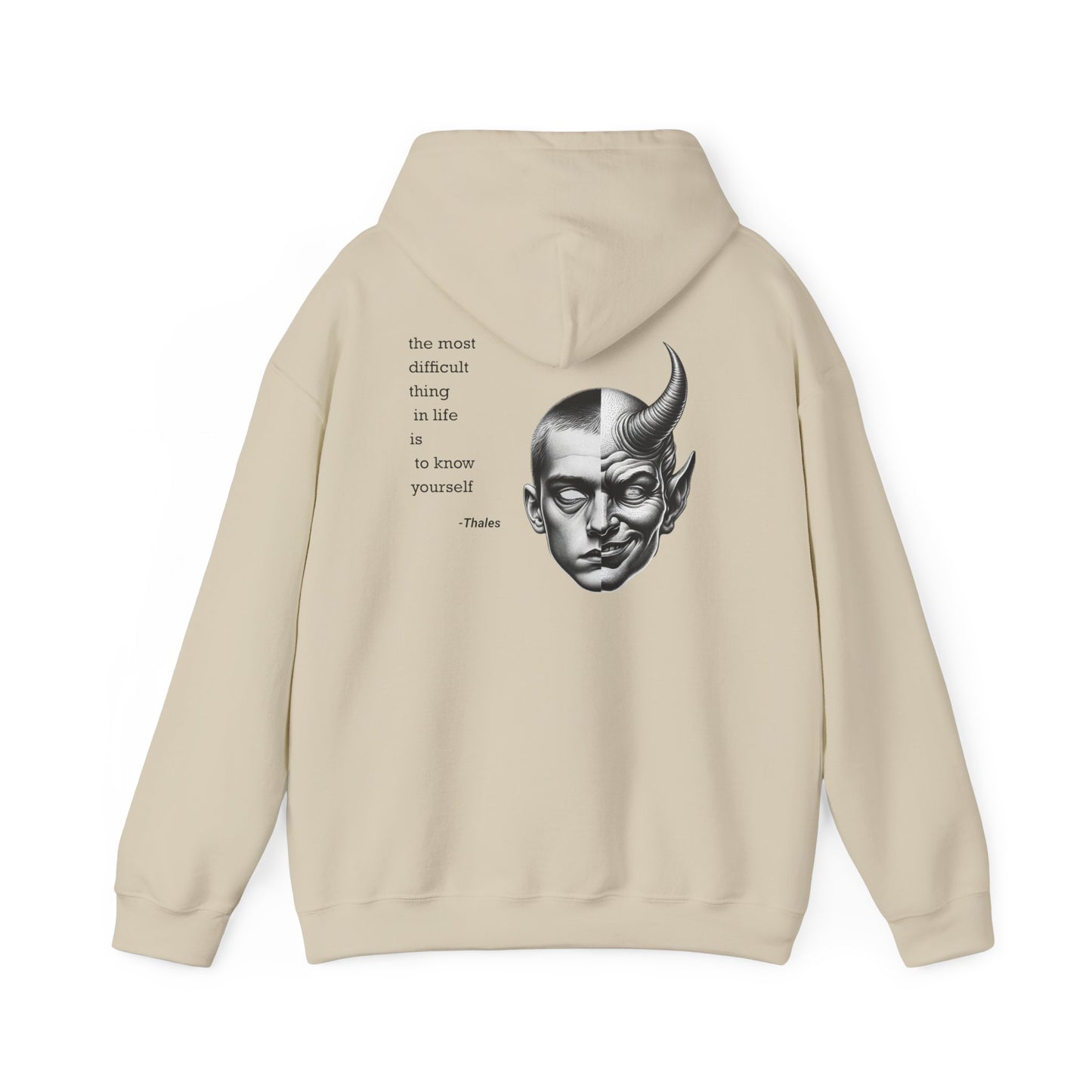 Hoodie – Dual-Face Devil & Quote Graphic Hoodie